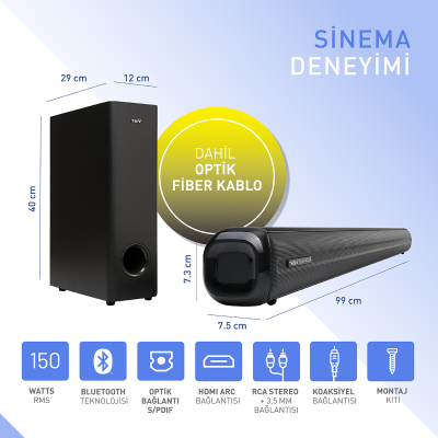 Kino Gen2 140W RMS Soundbar + Subwoofer 2.1 Hoparlör Bluetooth HDMI Uzaktan Kumanda - 16